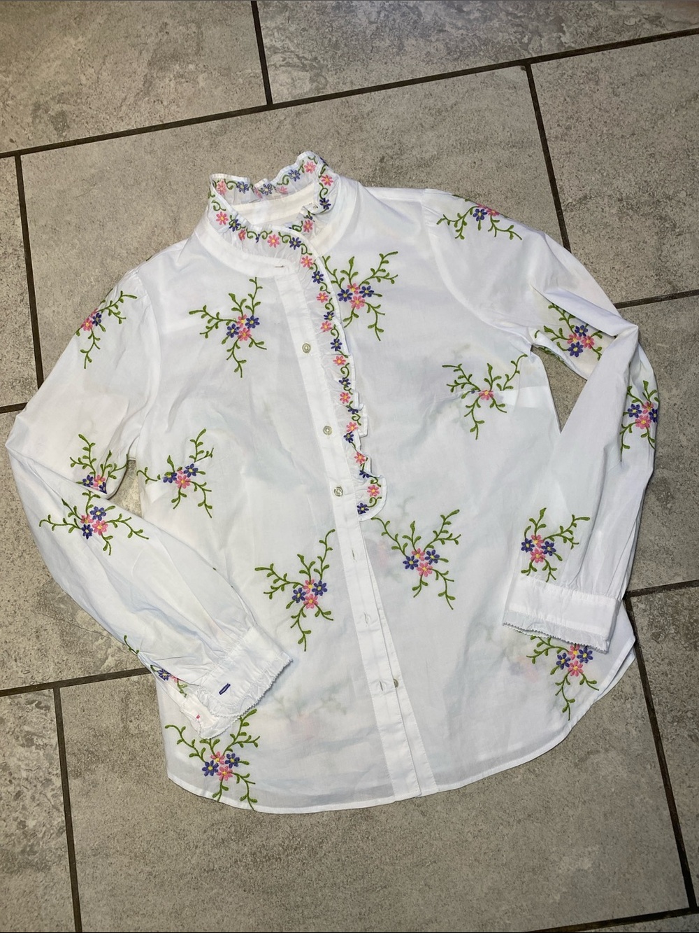 Talbots White Button-Down Shirt with Pink, Purple and Green Floral Embroidery